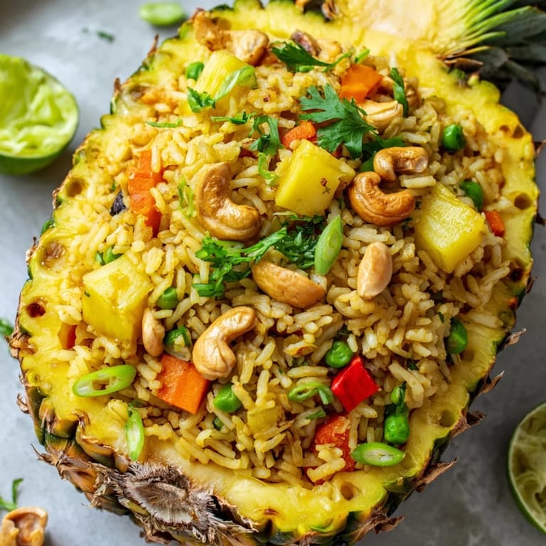 Savory and sweet Pineapple Fried Rice with tender vegetables, cashews, and fluffy jasmine rice, presented on a banana leaf for a tropical touch.