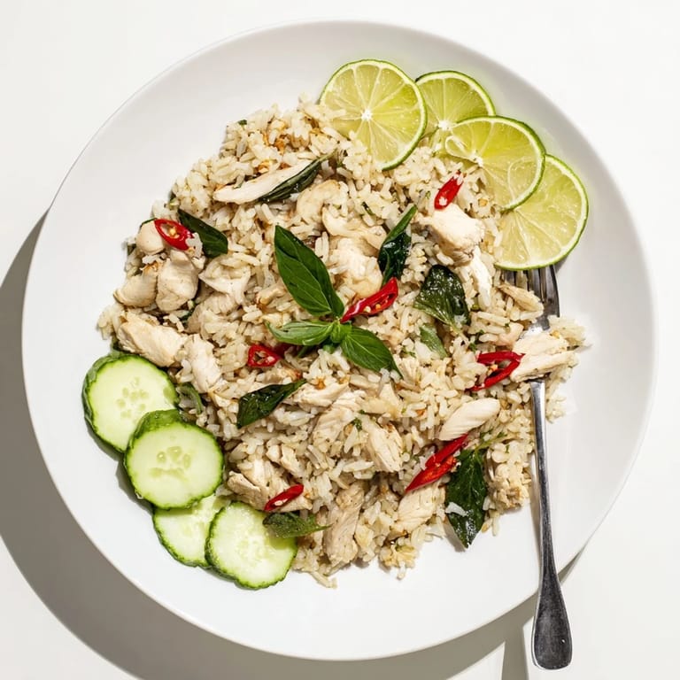 Vibrant Thai Basil Chicken Fried Rice featuring juicy chicken, aromatic holy basil, red chilies, and jasmine rice ready to serve.