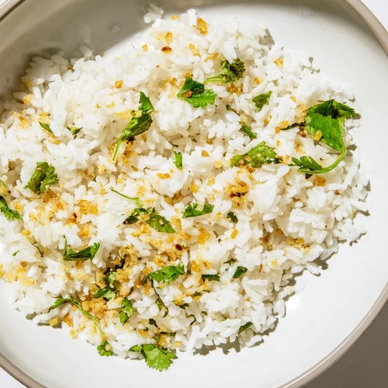 A close-up of tender jasmine rice with minced garlic, ready to serve as a flavorful vegan side dish.