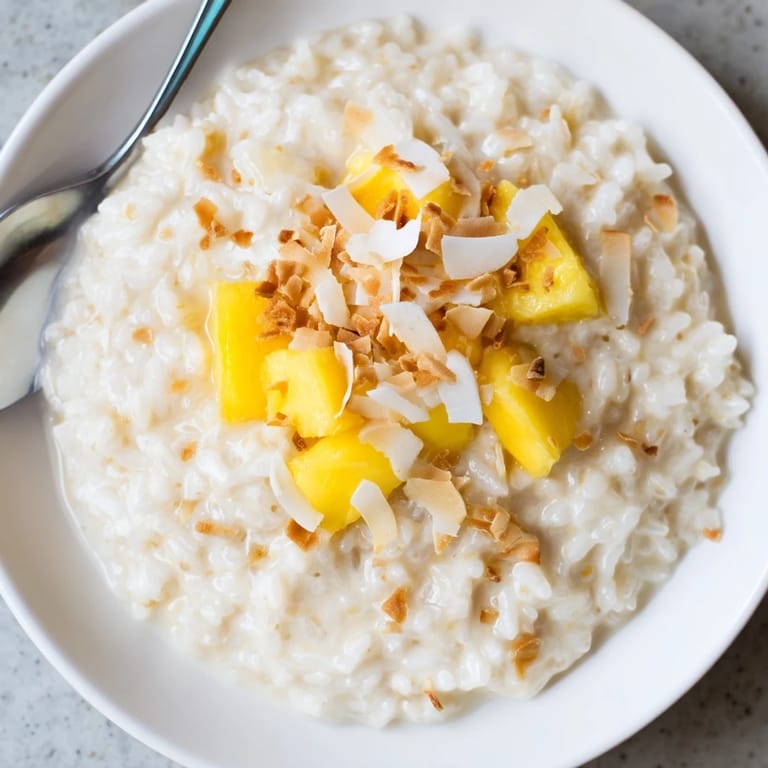 Close-up view of Coconut Rice Sweet dessert, showcasing tender grains glistening with sweet coconut cream and a sprinkle of toasted coconut.