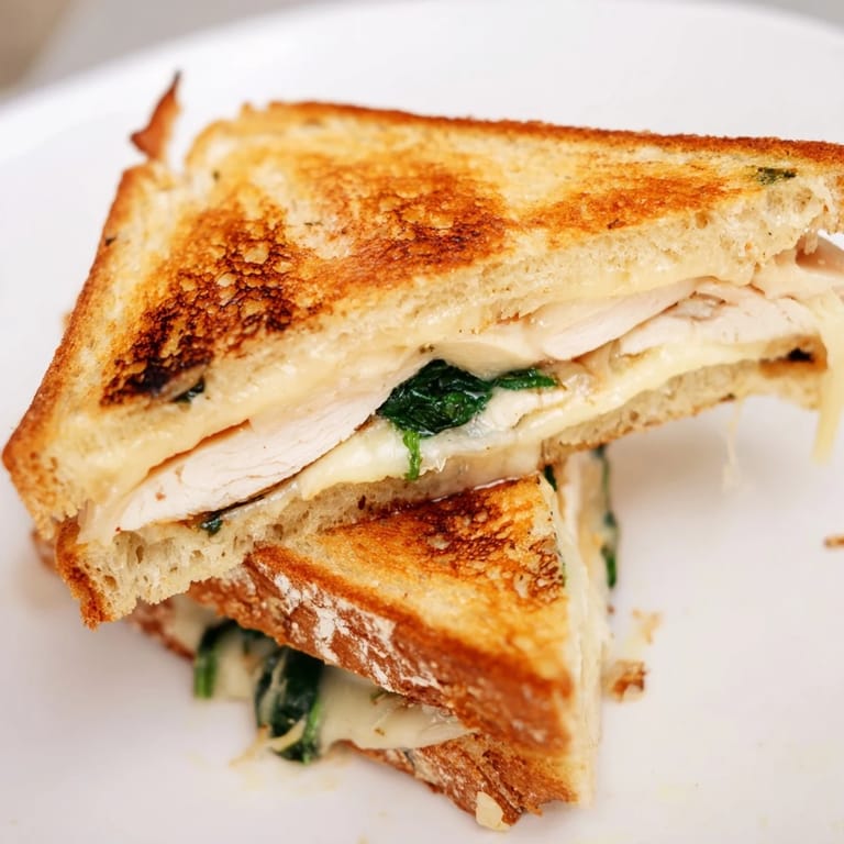 Close-up view of a warm Grilled Chicken Spinach Panini, steam rising from melted cheese and tender grilled chicken tucked inside.