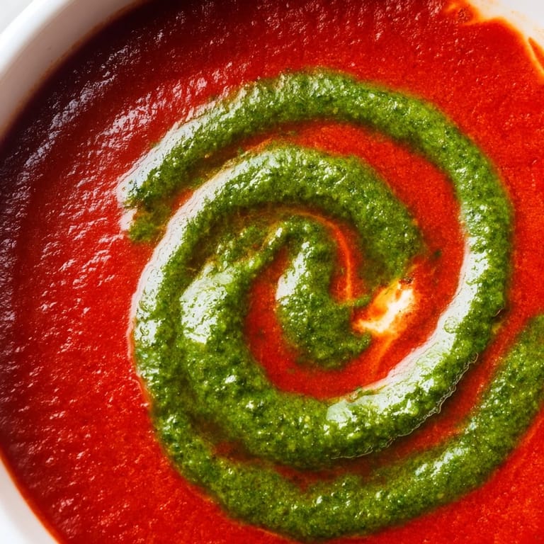 Homemade Italian tomato soup with a vibrant basil pesto swirl, ladled from a pot and ready to enjoy with crusty bread.