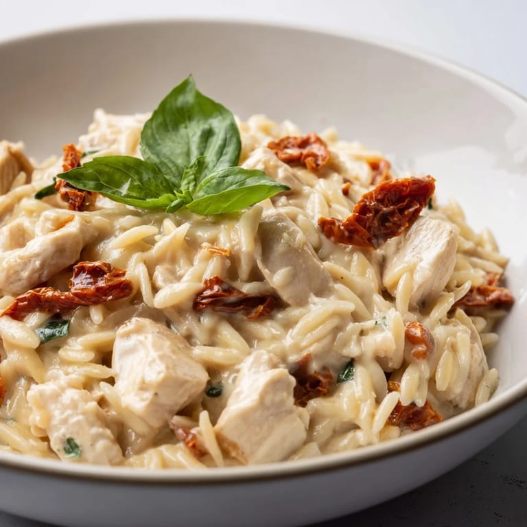 Plated Tuscan Chicken Orzo, garnished with fresh basil and extra cheese, ready for a comforting weeknight dinner.