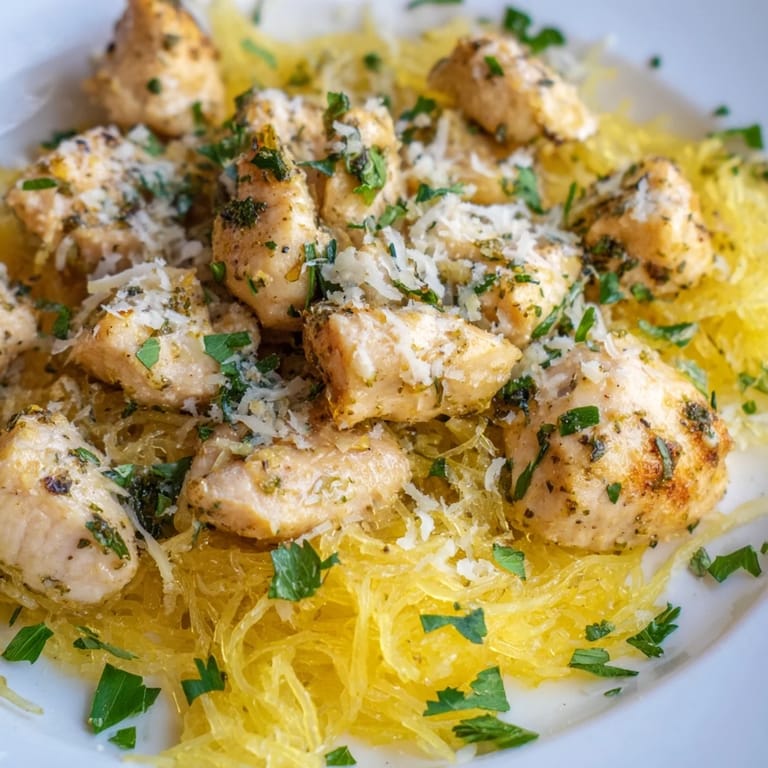 Fork-tender spaghetti squash topped with savory lemon garlic chicken and melted Parmesan, an easy and flavorful one-pan family dinner idea.