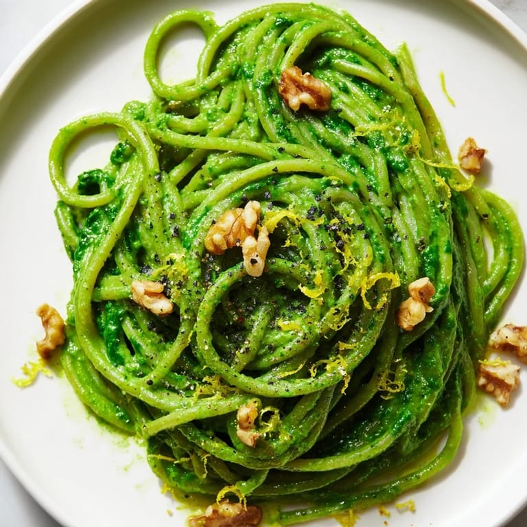 Close-up of creamy spinach walnut pasta with toasted walnuts, perfect for plant-based Italian-inspired meals.