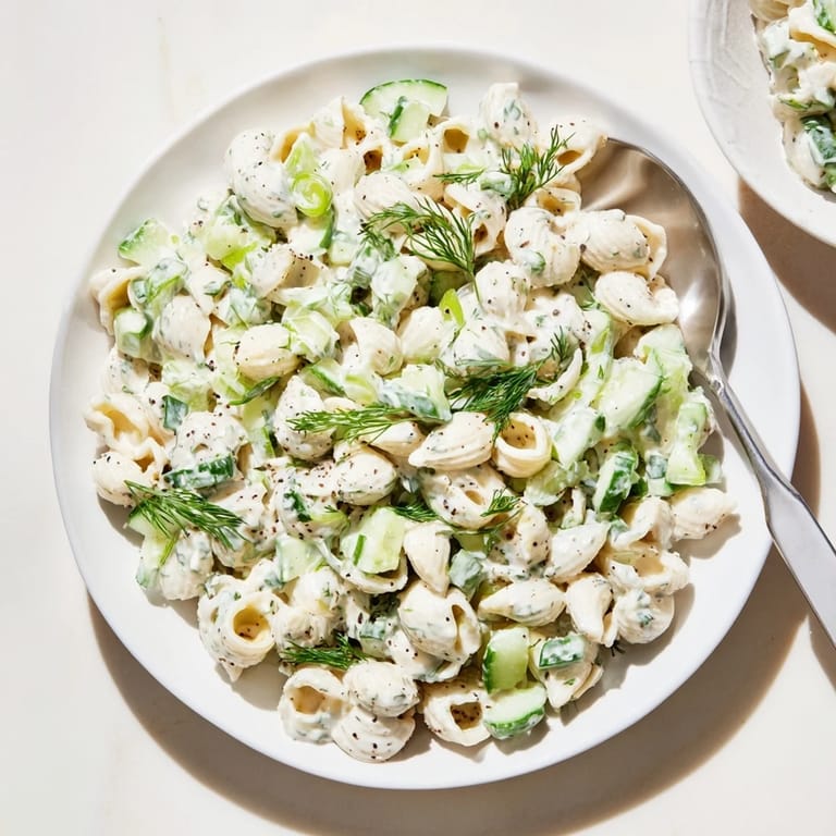 Serving suggestion for Cucumber Crunch Pasta Salad at a sunny picnic table, tossed with fresh dill and creamy dressing for a refreshing summer side.