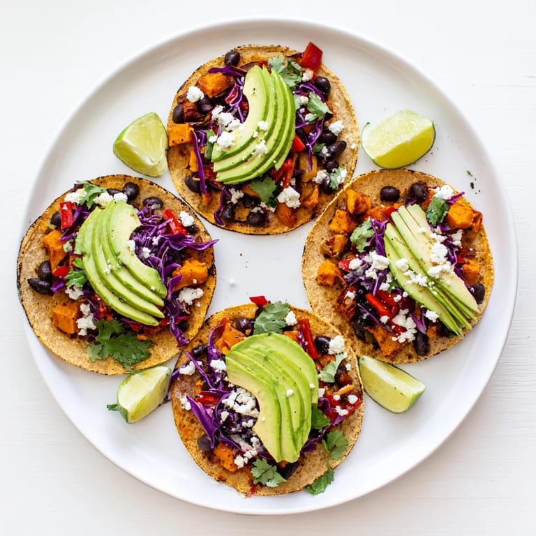 Hearty vegan Black Bean and Sweet Potato Tacos garnished with cilantro and fresh lime wedges for a zesty finish.