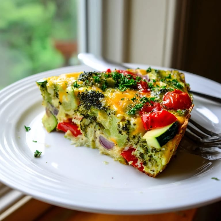 Sliced vegetable frittata on a white plate, ready for brunch with a side salad and crusty bread.