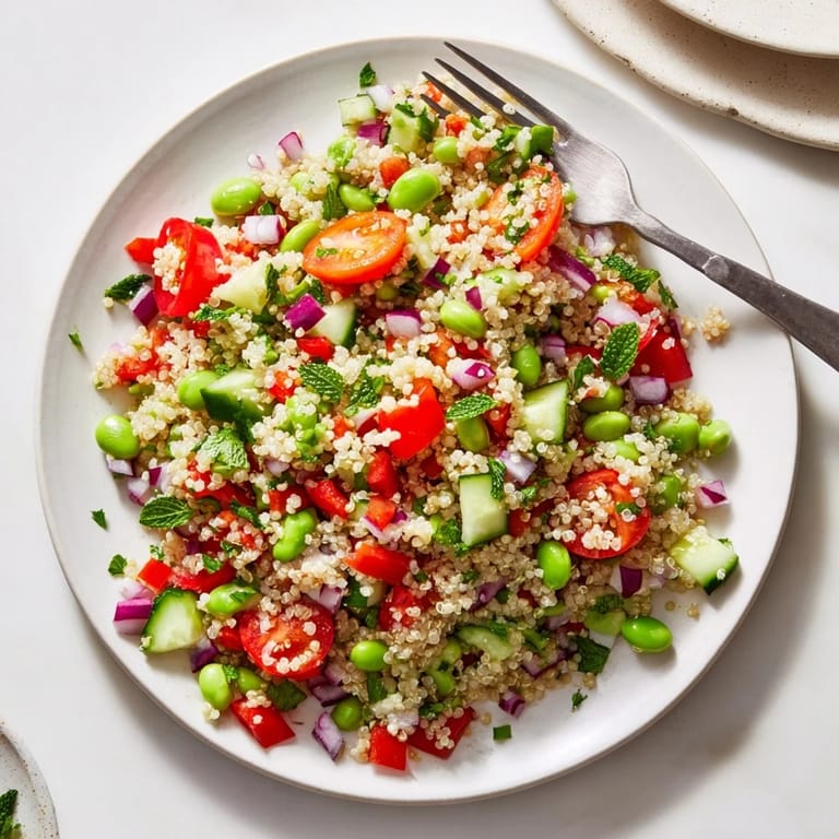 A colorful bowl of Edamame and Quinoa Salad ready to serve.