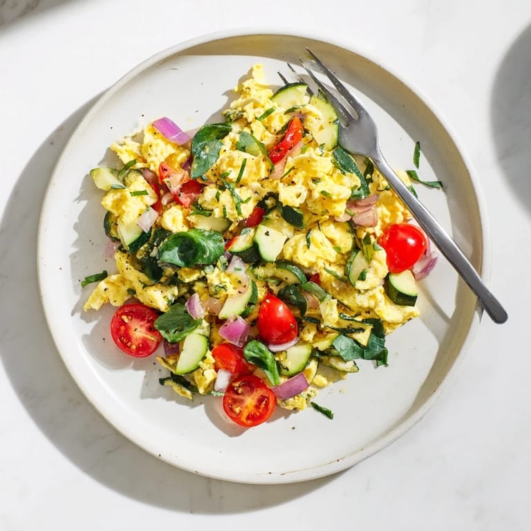 Hearty breakfast scramble featuring tender eggs, zucchini, and red onion, served warm for a nutritious start.