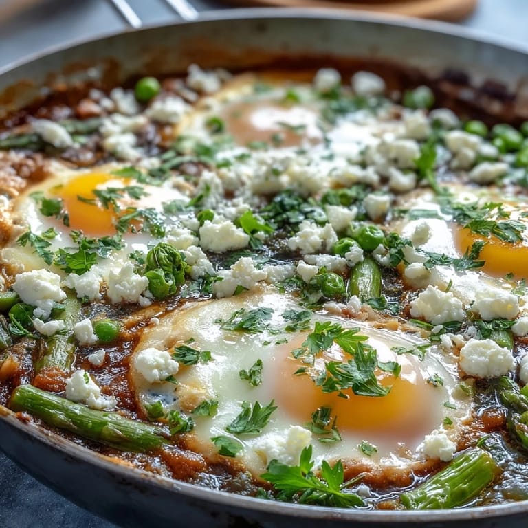 Serving Pea and Broad Bean Shakshuka family-style from the pan, perfect for scooping up with crusty gluten-free bread.