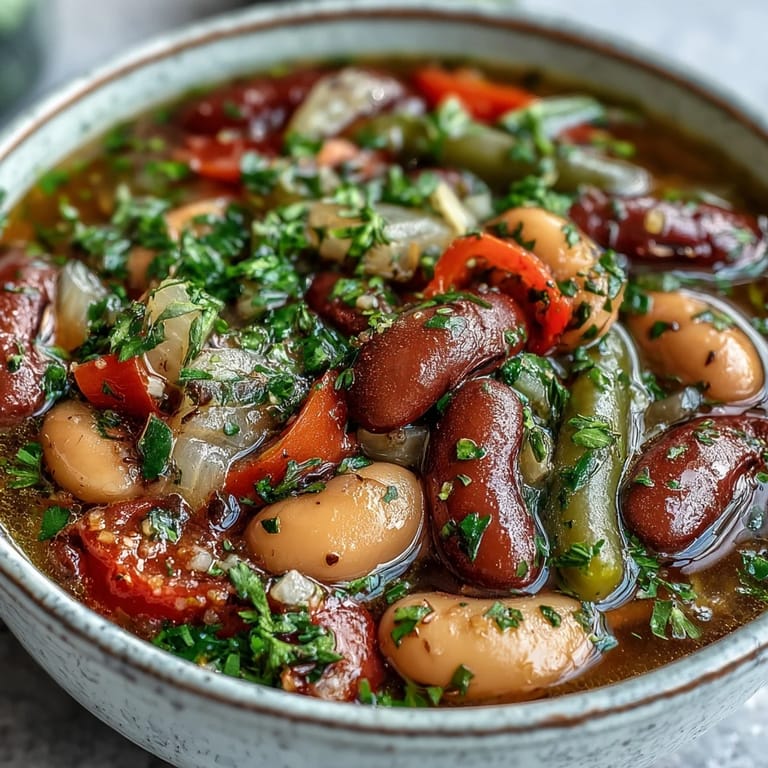 Colorful Three-Bean Salad Soup simmering in a pot, showcasing kidney, cannellini, and green beans with red bell pepper.