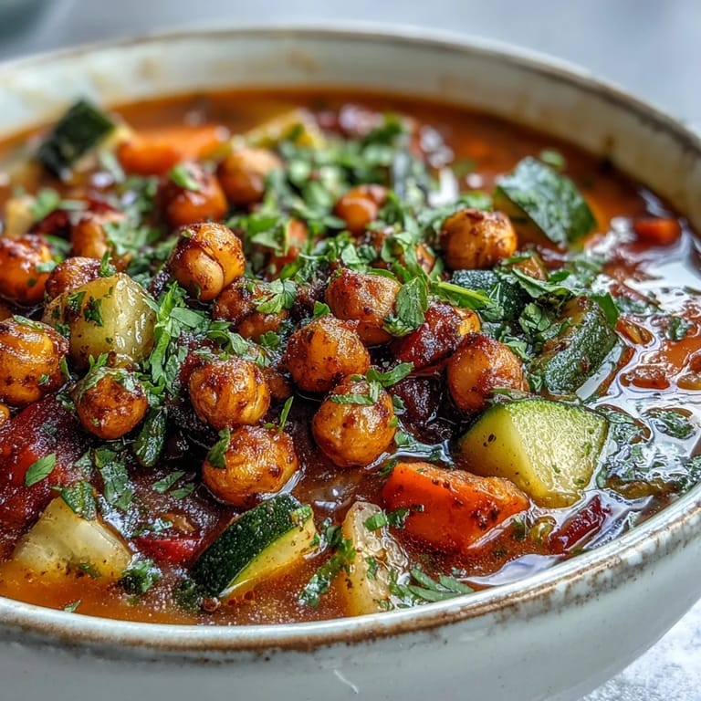 Close-up of golden roasted chickpeas, diced carrots, and red bell peppers simmering in the aromatic Spiced Chickpea and Vegetable Soup.
