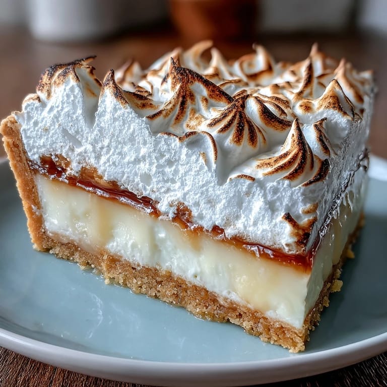 A whole Lemon Meringue Pie sits on a marble countertop, featuring a crisp pastry crust and fluffy, cloud-like meringue peaks.