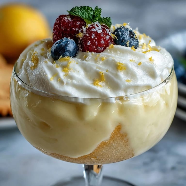 Whipped lemon cream folded into silky citrus curd, served chilled in elegant glasses for a light, tangy dessert.
