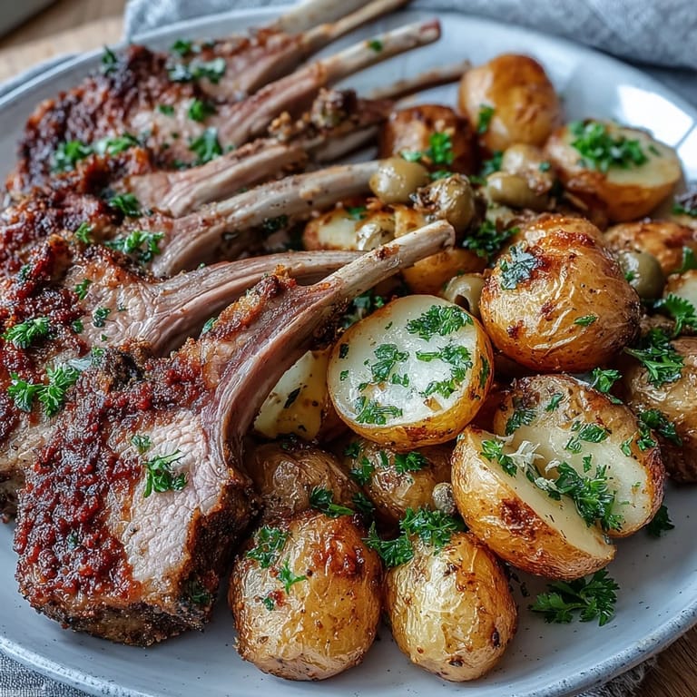Freshly roasted One-Pan Roast Rack of Lamb and Green Olive Potatoes, featuring juicy lamb chops and savory olive potatoes ready to slice.