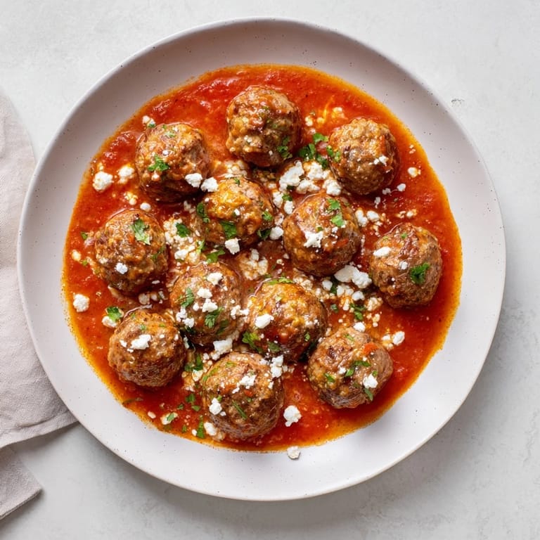 A close-up of steaming Instant Pot Greek Meatballs, showcasing the juicy texture and feta sauce.