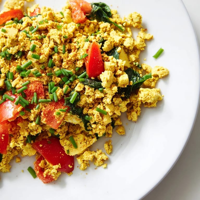 Close-up of a warm tofu scramble with soft tofu crumbles, colorful veggies, and a side of avocado, perfect for gluten-free meals.