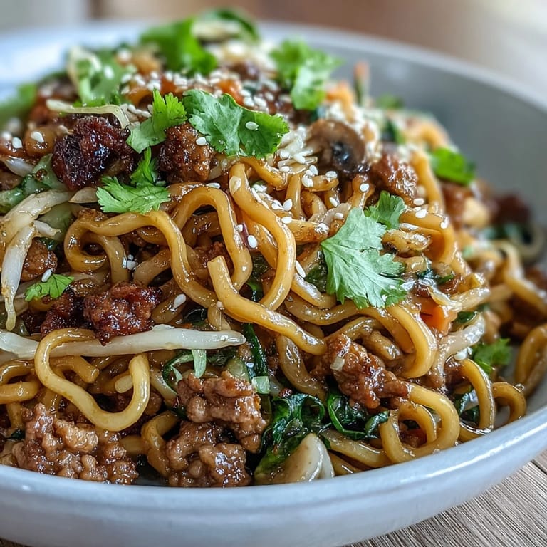 A close-up view highlights the glossy sauce coating the noodles, pork, cabbage, and shredded carrots.