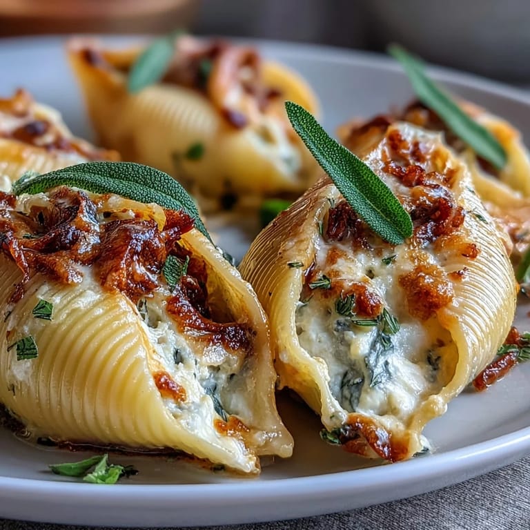 Freshly baked Pumpkin & Gouda Stuffed Shells in a casserole dish, paired with a side salad for a cozy dinner.