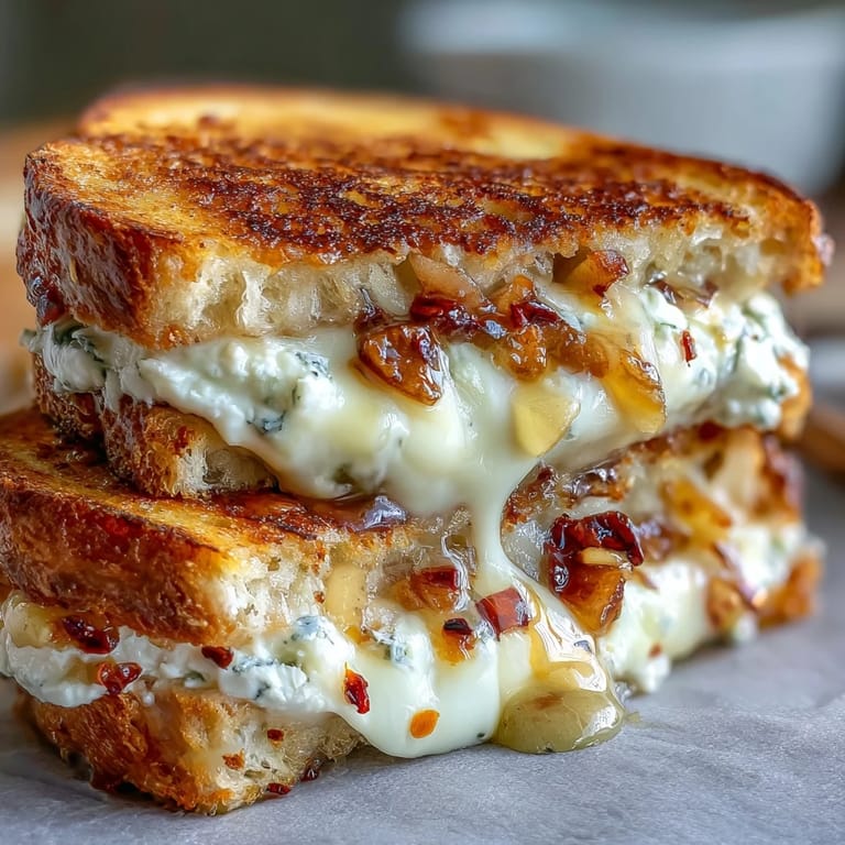 Fresh thyme garnish and golden crust highlight this goat cheese grilled cheese with honey chili.