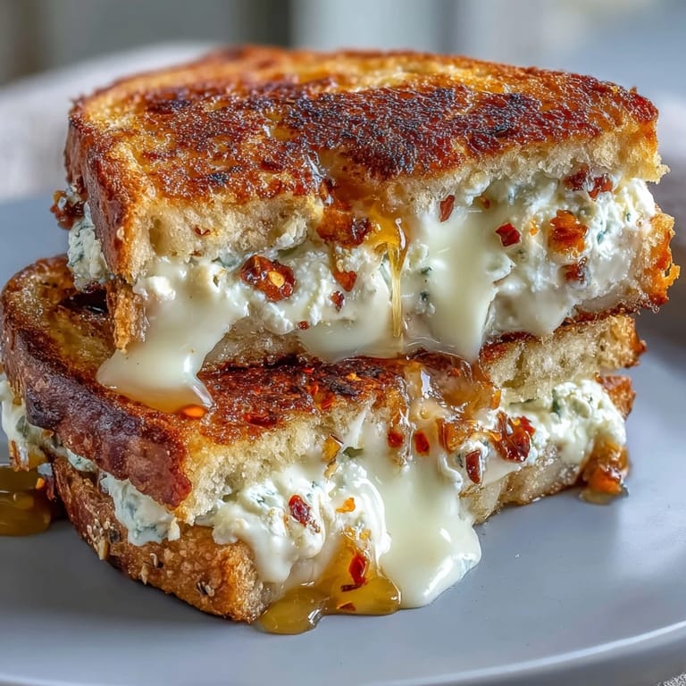 Melted chèvre and cream cheese filling inside crisp, buttery sourdough, topped with a honey drizzle.