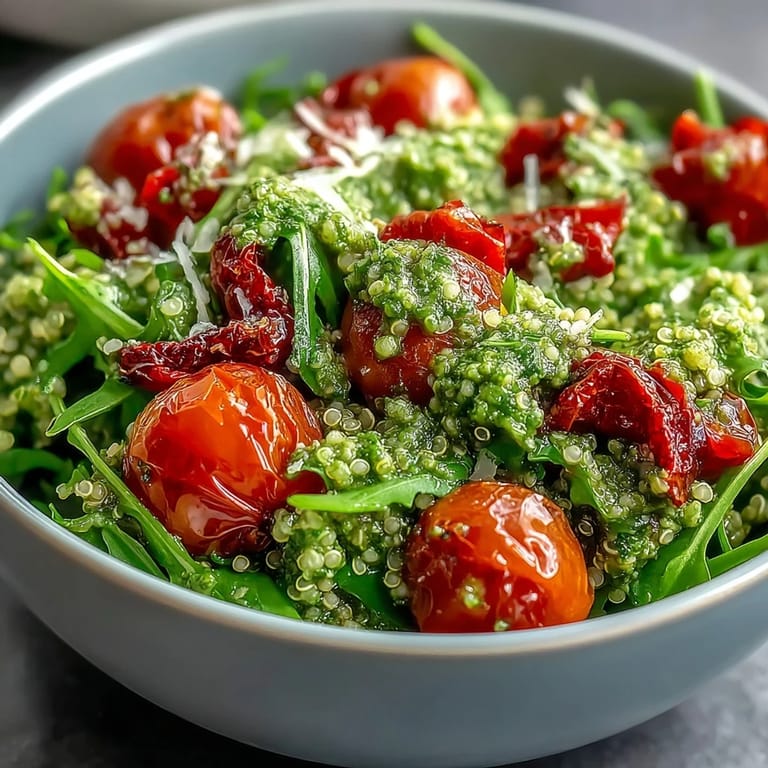 Overhead view of the Arugula Pesto Bowl, showcasing golden roasted peppers and fresh arugula tossed in green pesto.