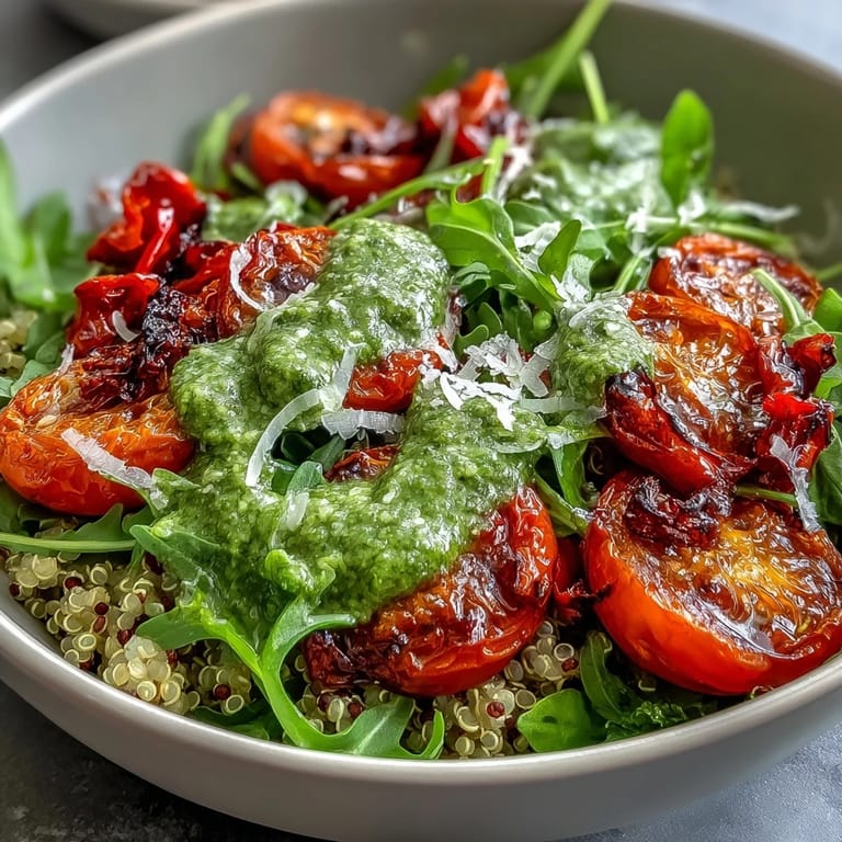 Close up on the Arugula Pesto Bowl, highlighting toasted pine nuts and glistening olive oil over colorful vegetables.