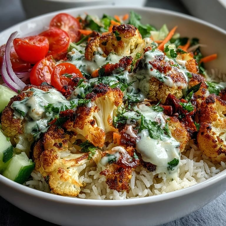 A vibrant Roasted Cauliflower Bowl featuring golden herb-roasted cauliflower over fluffy rice with fresh veggies and zesty tahini.