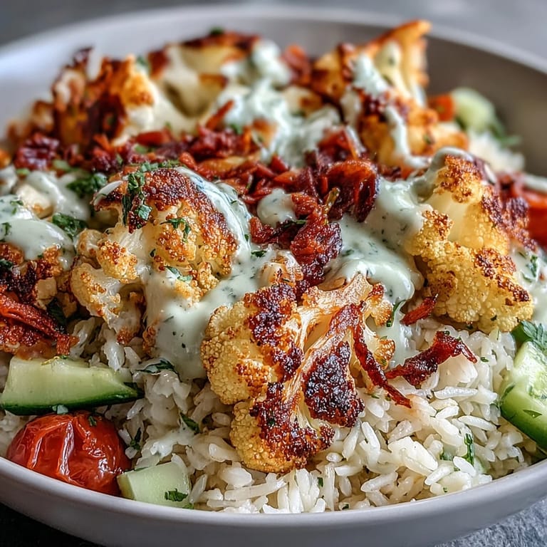 Roasted Cauliflower Bowl with tender herb-roasted cauliflower, spinach, cucumbers, and carrots, drizzled with tangy lemon-tahini sauce.