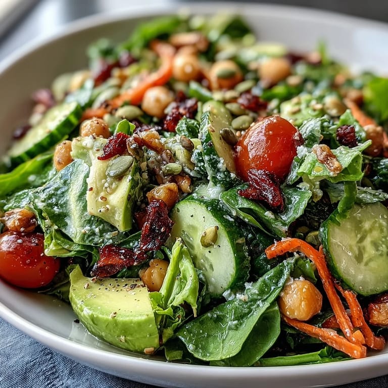 Colorful Mixed Greens Power Bowl featuring cherry tomatoes, cucumber, and bell peppers, layered over spinach and arugula with crunchy pumpkin seeds.