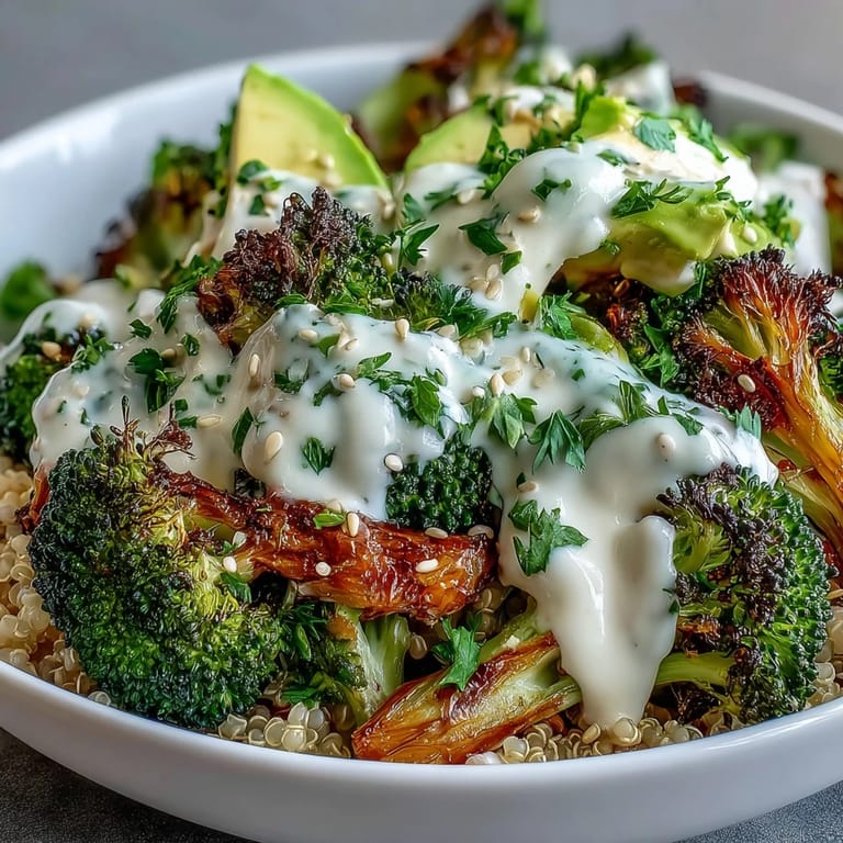 Close-up of a Roasted Broccoli Bowl with lemon wedges and sesame seeds next to a rustic wooden spoon.
