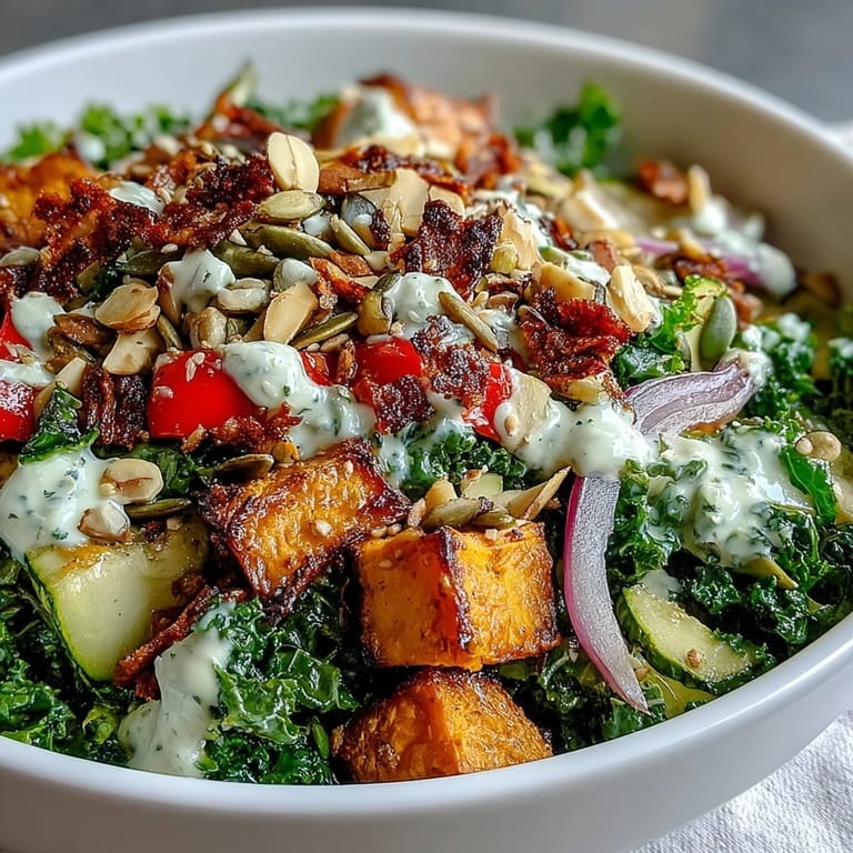 This hearty Kale Salad Bowl features roasted vegetables, pumpkin seeds, and almonds, perfect for a healthy, gluten-free lunch.