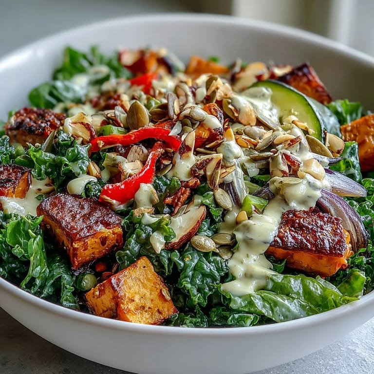 A nourishing Kale Salad Bowl with tender kale, cherry tomatoes, and a lemon-tahini dressing, served in a rustic bowl.