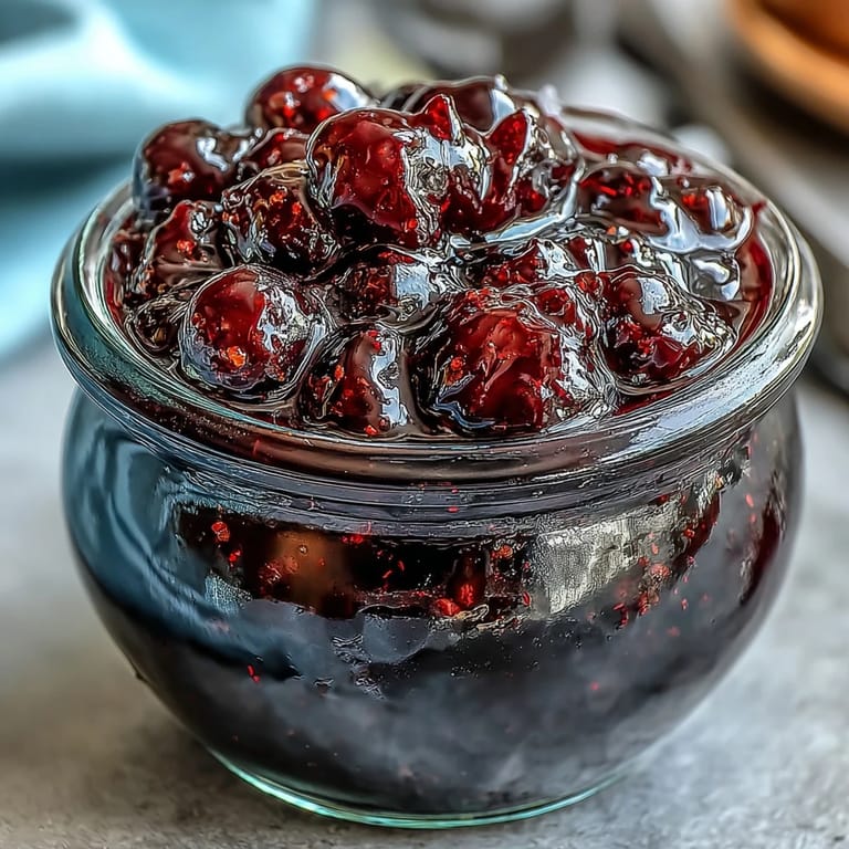 A sterilized glass jar filled with vibrant Homemade Black Currant Jam, sealed and labeled beside fresh blackcurrants.