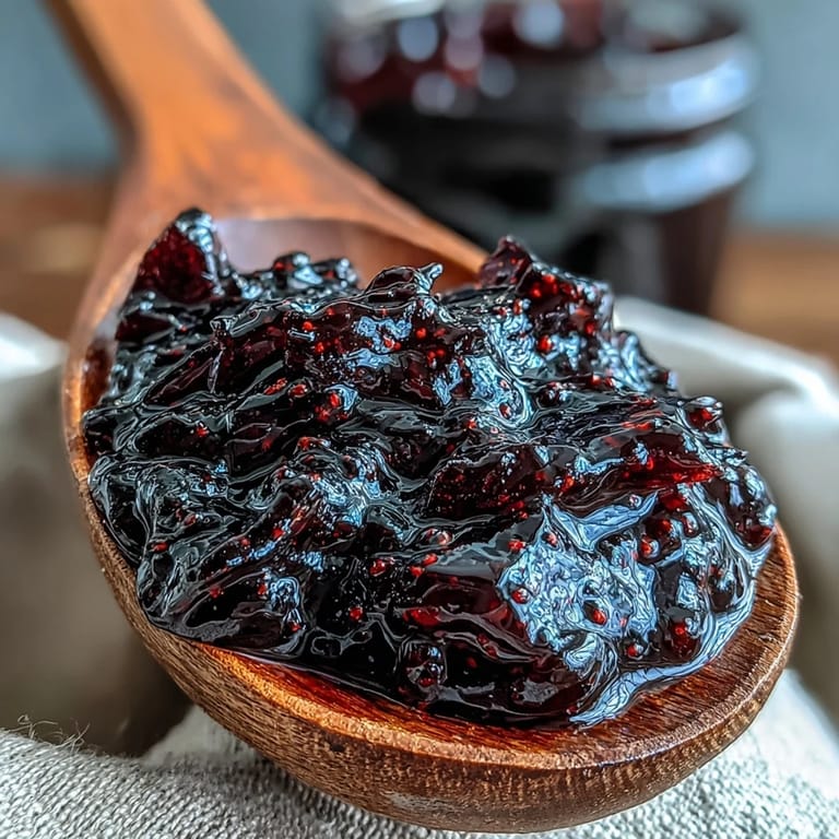Shiny, vibrant Black Currant Jelly in a glass jar, perfect for filling pastries or topping yogurt.