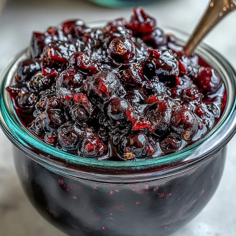 Clear jar showing the Easy Blackcurrant Liqueur infusion process, with crushed blackcurrants, sugar, and rum soaking.