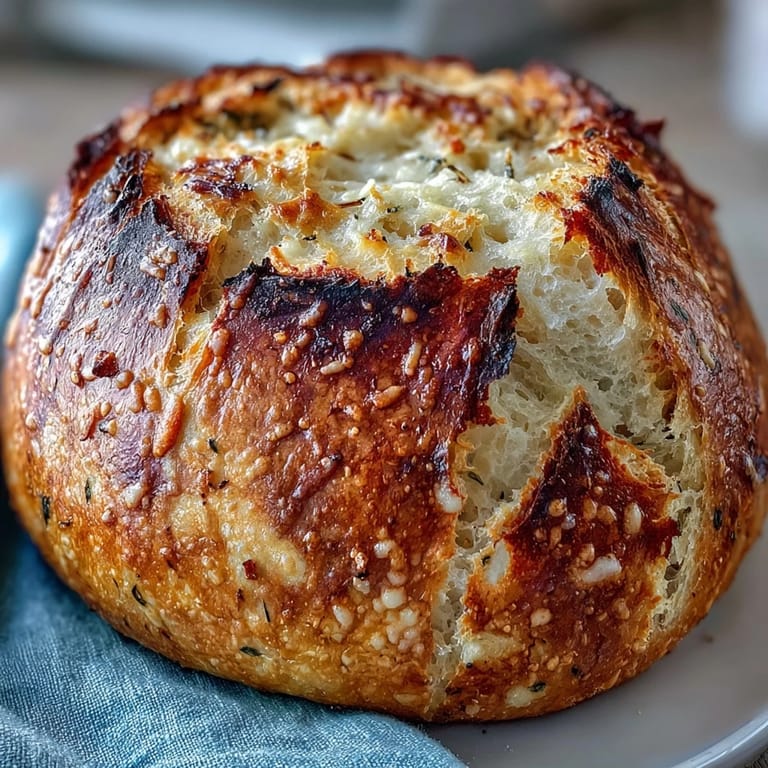 Slice of Perfect Parmesan Garlic Artisan Bread revealing a tender, garlic and rosemary-infused crumb on a rustic board.