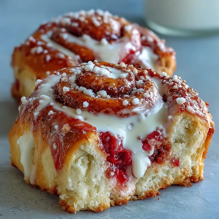 Homemade Strawberry Cinnamon Rolls with tender brioche dough and sweet berry filling on a wooden board.