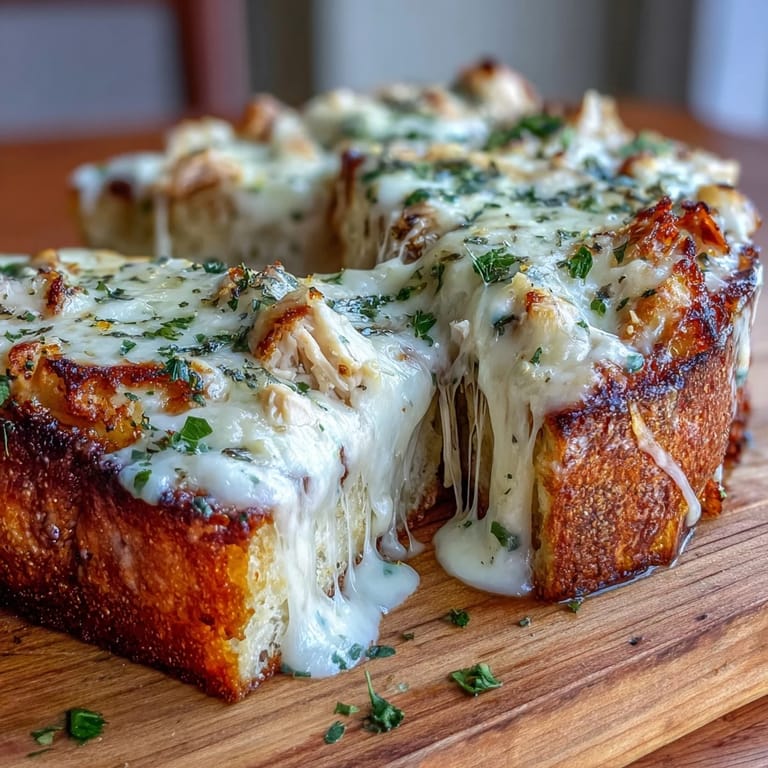 Golden-brown Italian bread halves loaded with creamy Alfredo chicken, topped with bubbling cheese on a baking sheet.