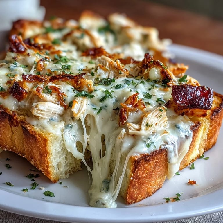 Sliced Chicken Alfredo Garlic Bread served warm with extra sauce for dipping, perfect for an appetizer platter.