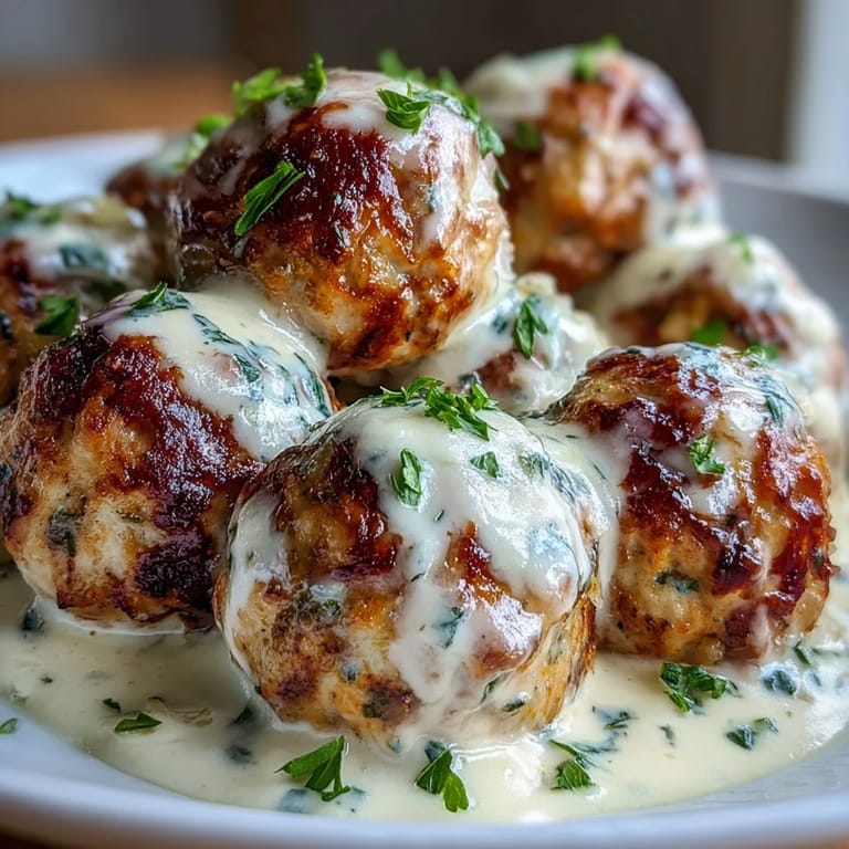 Tender Creamy Garlic Ranch Turkey Meatballs rest on a bed of fluffy mashed potatoes garnished with parsley.