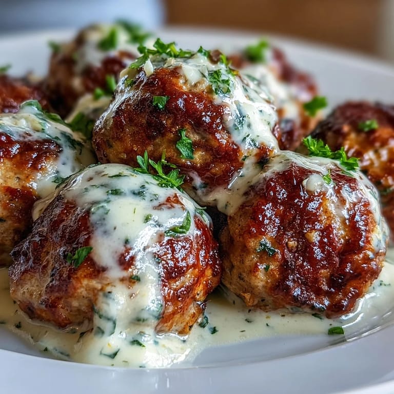 A close-up shows saucy Creamy Garlic Ranch Turkey Meatballs served over pasta in a white bowl.