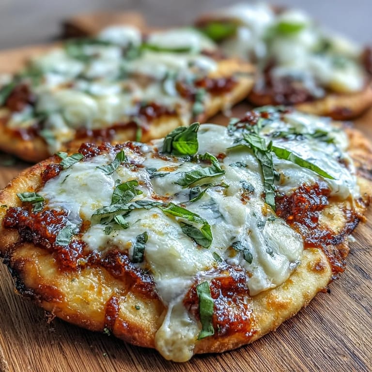 A close-up of Garlic Naan Margherita Pizzas reveals rich marinara sauce and fragrant garlic butter brushed on top.