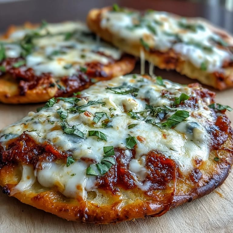 Sliced Garlic Naan Margherita Pizzas are served warm on a wooden board, ready for a quick vegetarian dinner.
