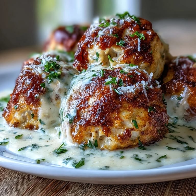 Tender homemade turkey meatballs coated in velvety garlic ranch sauce served over mashed potatoes.