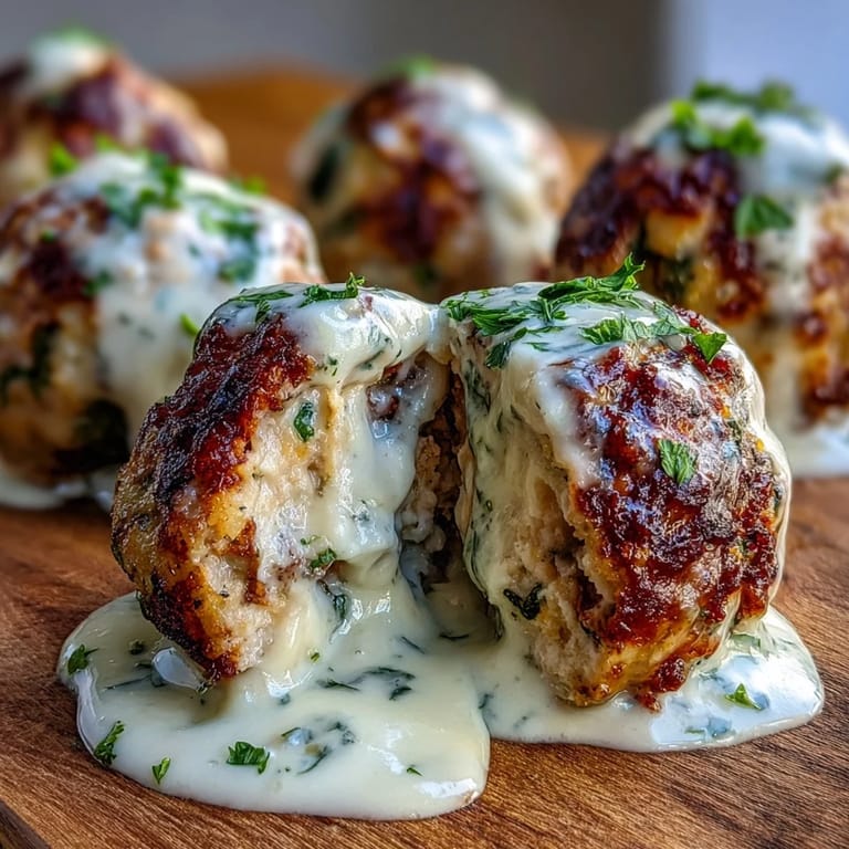 Golden meatballs baked with ranch seasoning resting in a rich, creamy garlic sauce garnished with chives.