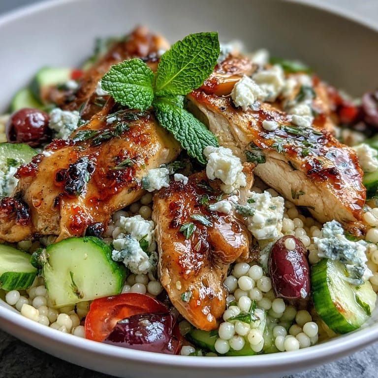 Colorful Mediterranean Pearl Couscous Chicken Bowls showcase diced red bell peppers, cucumbers, cherry tomatoes, and Kalamata olives tossed in a vinaigrette.