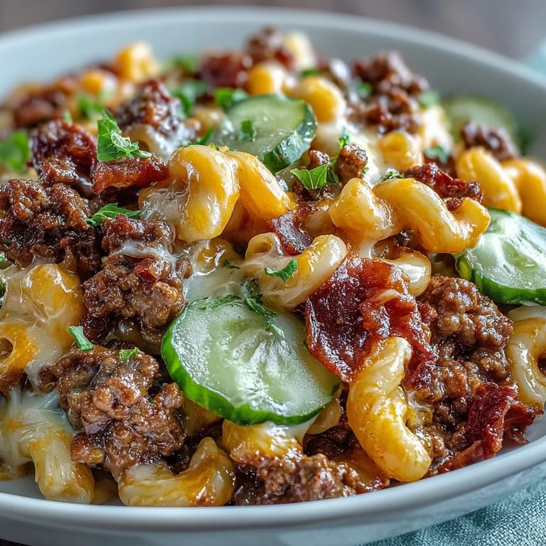 Cheesy and hearty One-Pan Cheeseburger Chili Mac served hot in a bowl with extra sharp cheddar on top.