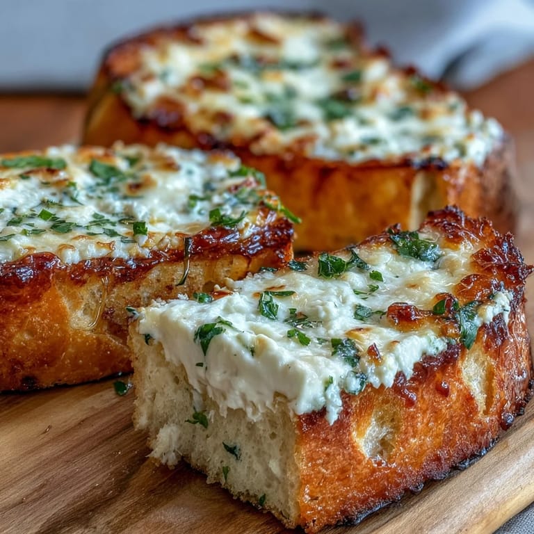 Freshly baked baguette loaded with savory garlic ricotta and a bold drizzle of spicy hot honey, ready to serve.